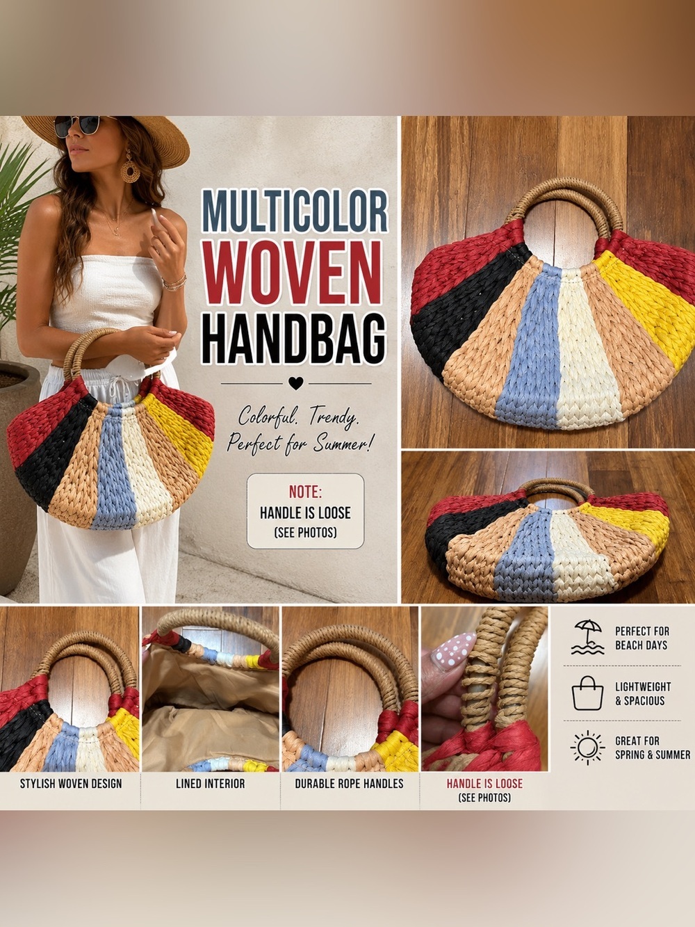 Multicolor Woven Straw Tote Handbag Rope Handle Beach Bag